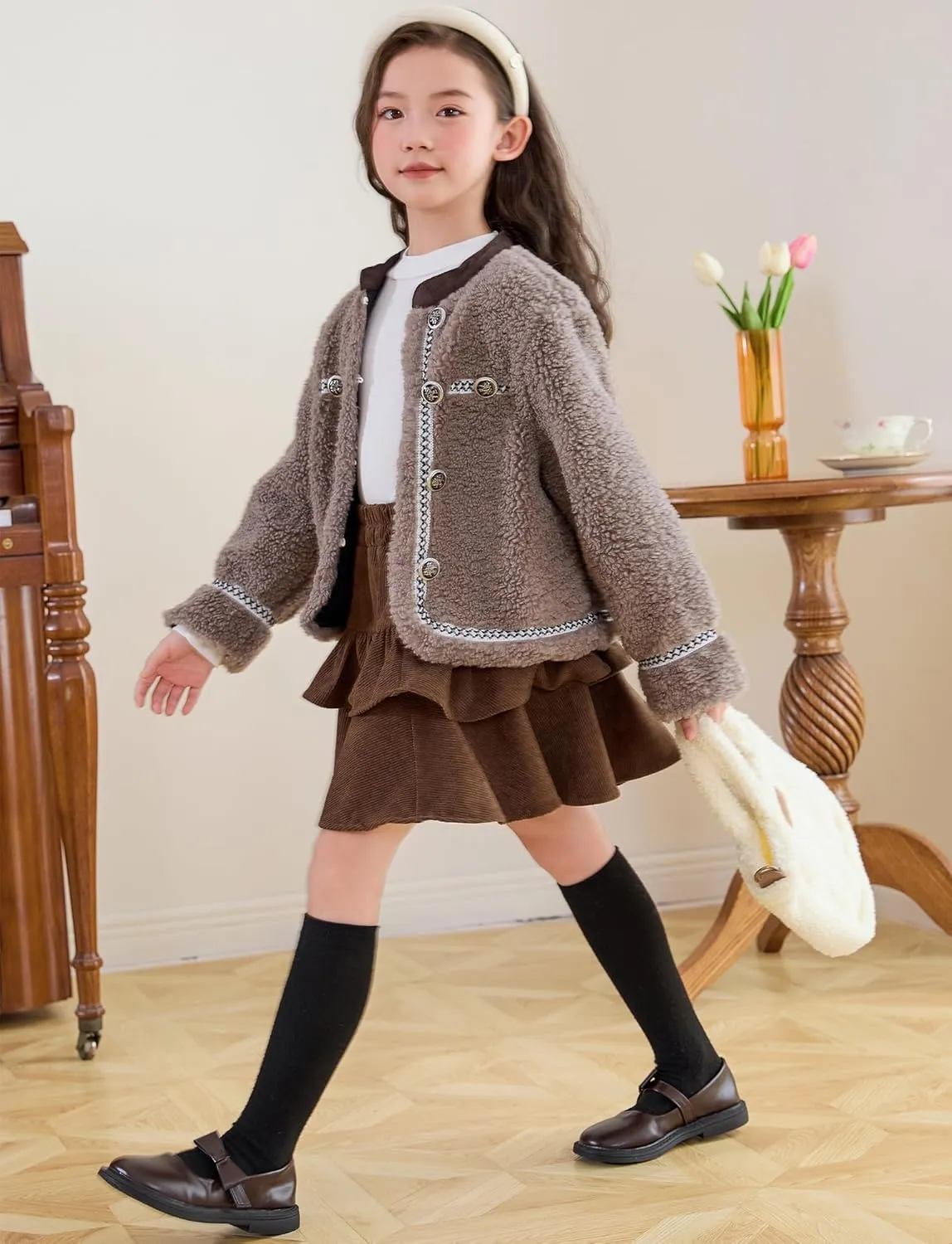 SEAUR Girl's Corduroy Short Skirt Mini High Waist A Line Pleated Skirt Casual Uniforms School Skirt