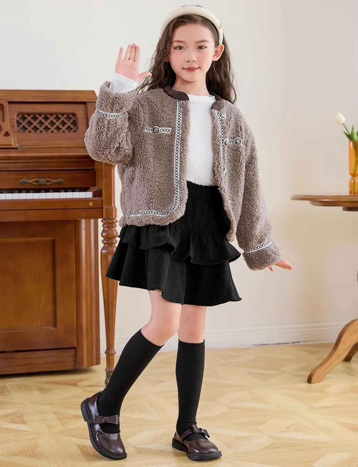 SEAUR Girl's Corduroy Short Skirt Mini High Waist A Line Pleated Skirt Casual Uniforms School Skirt