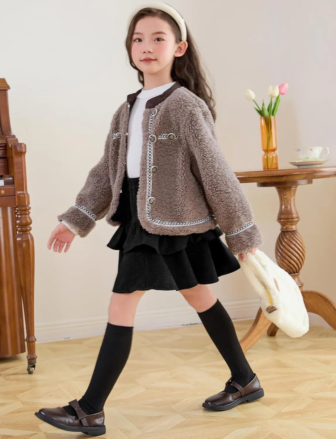 SEAUR Girl's Corduroy Short Skirt Mini High Waist A Line Pleated Skirt Casual Uniforms School Skirt