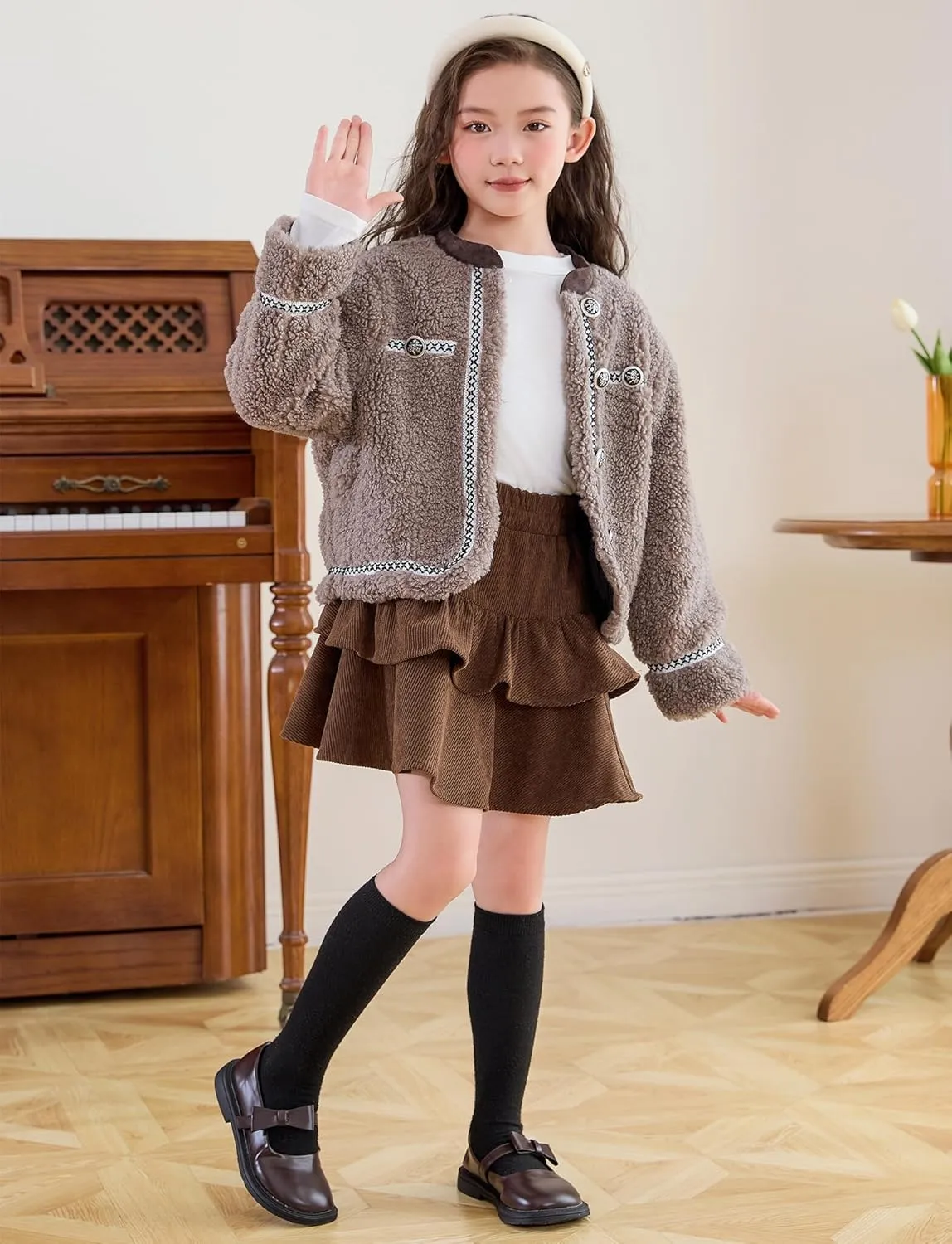 SEAUR Girl's Corduroy Short Skirt Mini High Waist A Line Pleated Skirt Casual Uniforms School Skirt