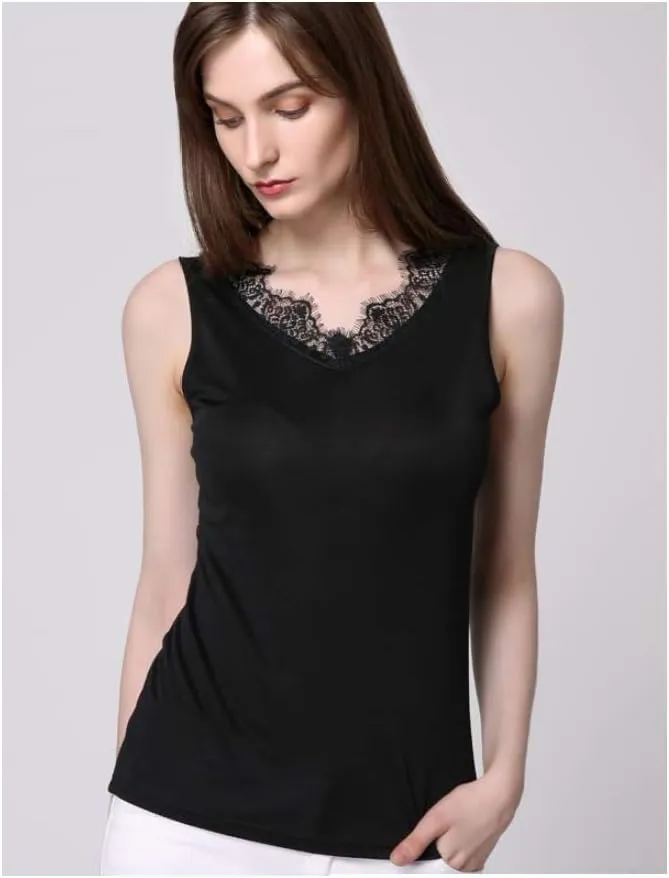 SilRiver Womens Silk Wide Straps Camisole V - Neck Cami Tank Top Stretch Undershirts Eyelash Laced Vest
