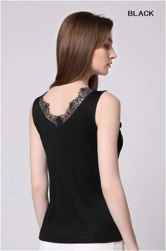 SilRiver Womens Silk Wide Straps Camisole V - Neck Cami Tank Top Stretch Undershirts Eyelash Laced Vest