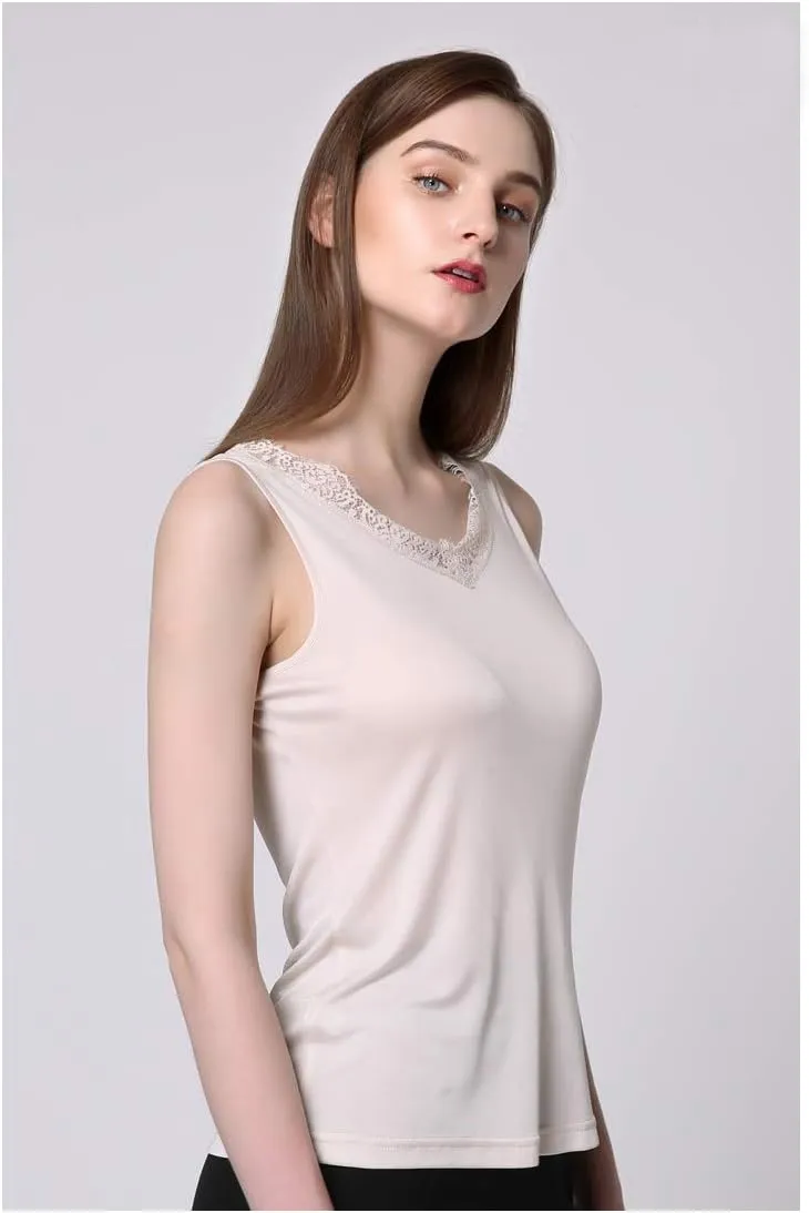 SilRiver Womens Silk Wide Straps Camisole V - Neck Cami Tank Top Stretch Undershirts Eyelash Laced Vest