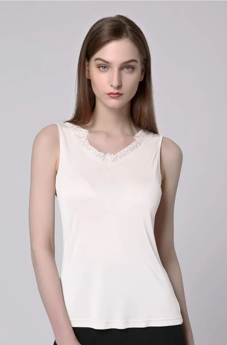 SilRiver Womens Silk Wide Straps Camisole V - Neck Cami Tank Top Stretch Undershirts Eyelash Laced Vest