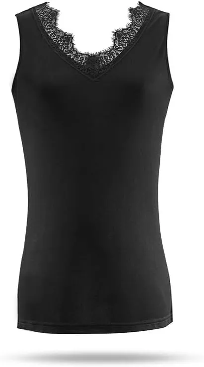 SilRiver Womens Silk Wide Straps Camisole V - Neck Cami Tank Top Stretch Undershirts Eyelash Laced Vest