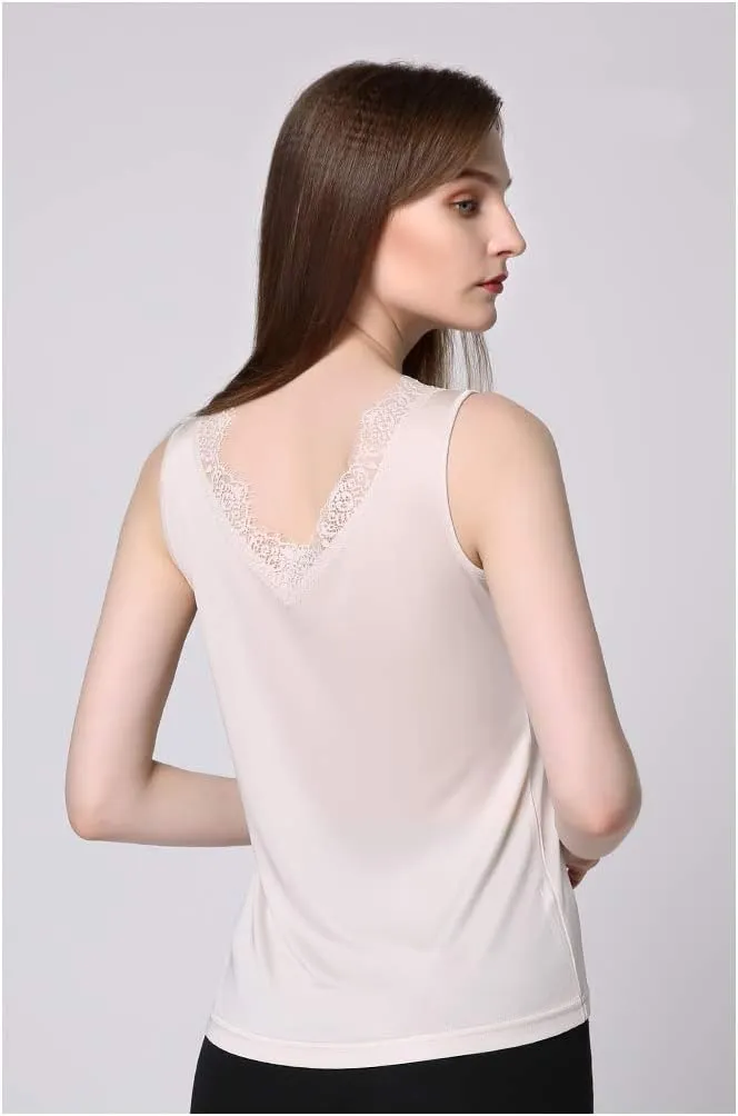 SilRiver Womens Silk Wide Straps Camisole V - Neck Cami Tank Top Stretch Undershirts Eyelash Laced Vest