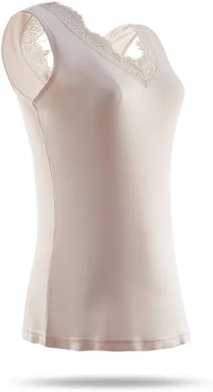 SilRiver Womens Silk Wide Straps Camisole V - Neck Cami Tank Top Stretch Undershirts Eyelash Laced Vest