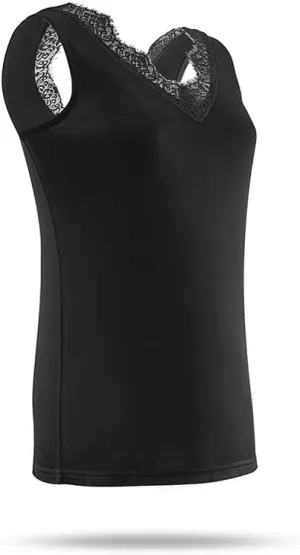 SilRiver Womens Silk Wide Straps Camisole V - Neck Cami Tank Top Stretch Undershirts Eyelash Laced Vest