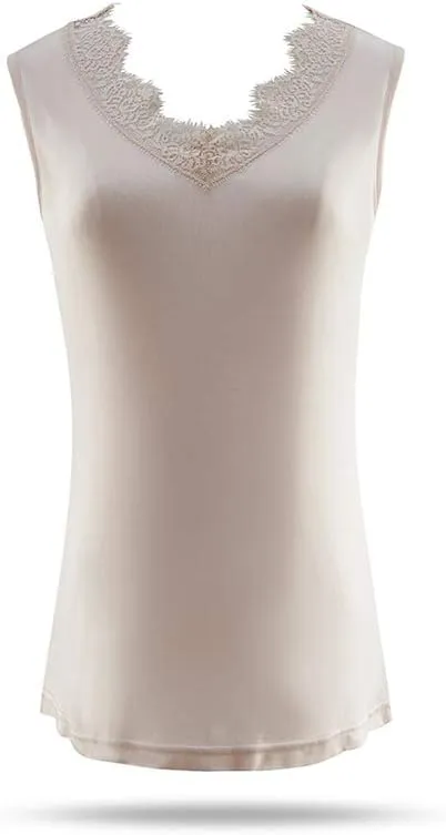 SilRiver Womens Silk Wide Straps Camisole V - Neck Cami Tank Top Stretch Undershirts Eyelash Laced Vest