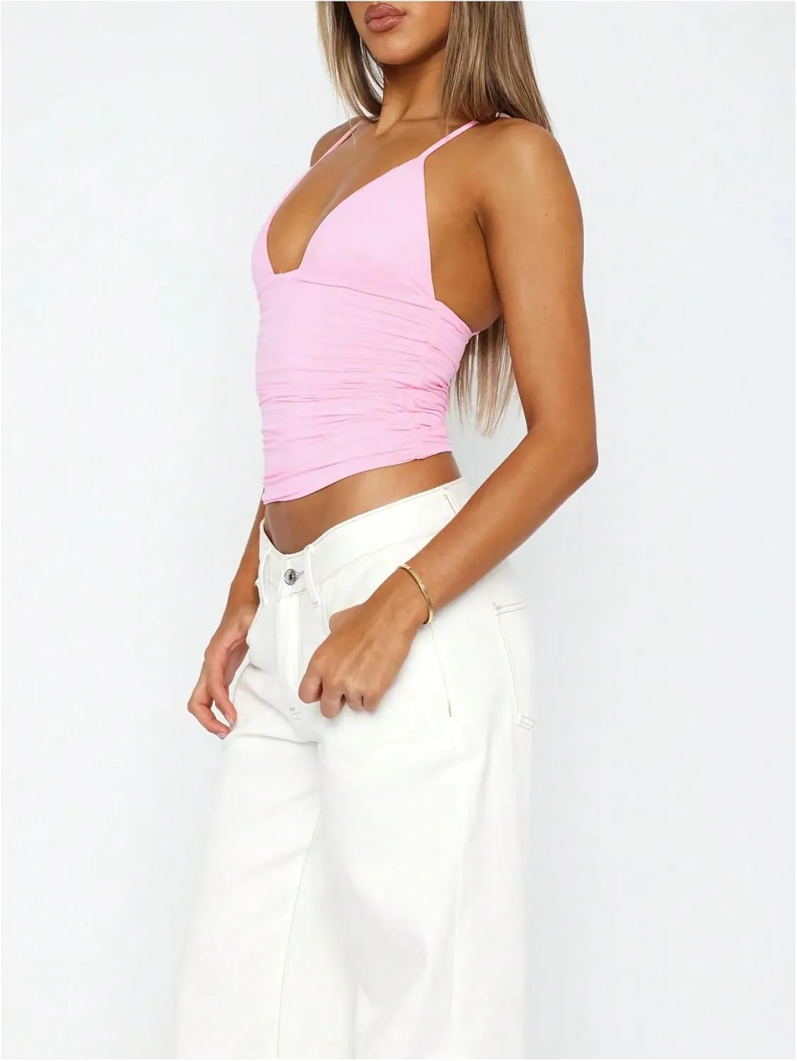 SOLY HUX Women's Deep V Neck Camisole Spaghetti Strap Tank Shirts Basic Fitted Crop Cami Tops