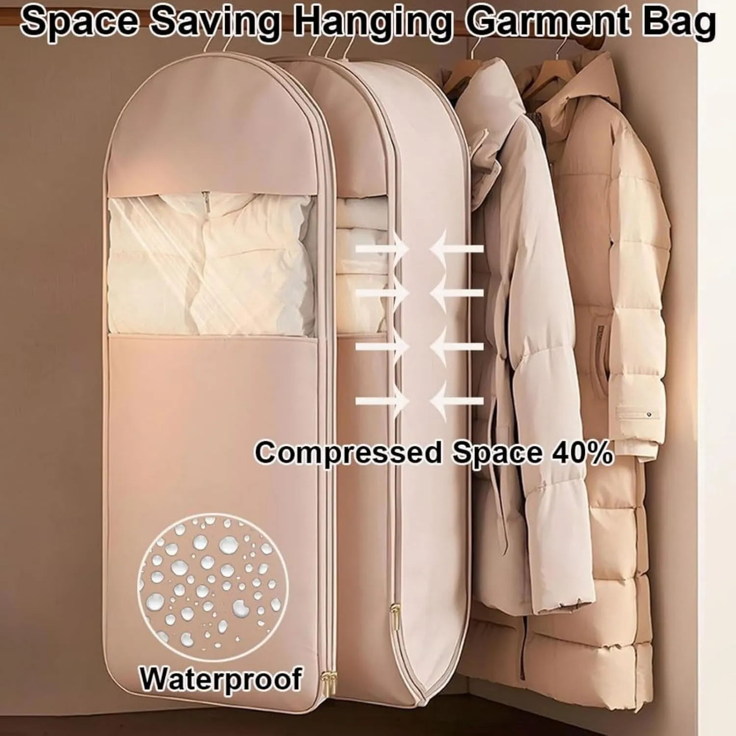 Space Saving Hanging Garment Bag with Self Compression Zipper, Clothes Organizer Coat Organizer, Garment-Convertible-Compartment-Waterproof-Business (3 Beige, X-Large)