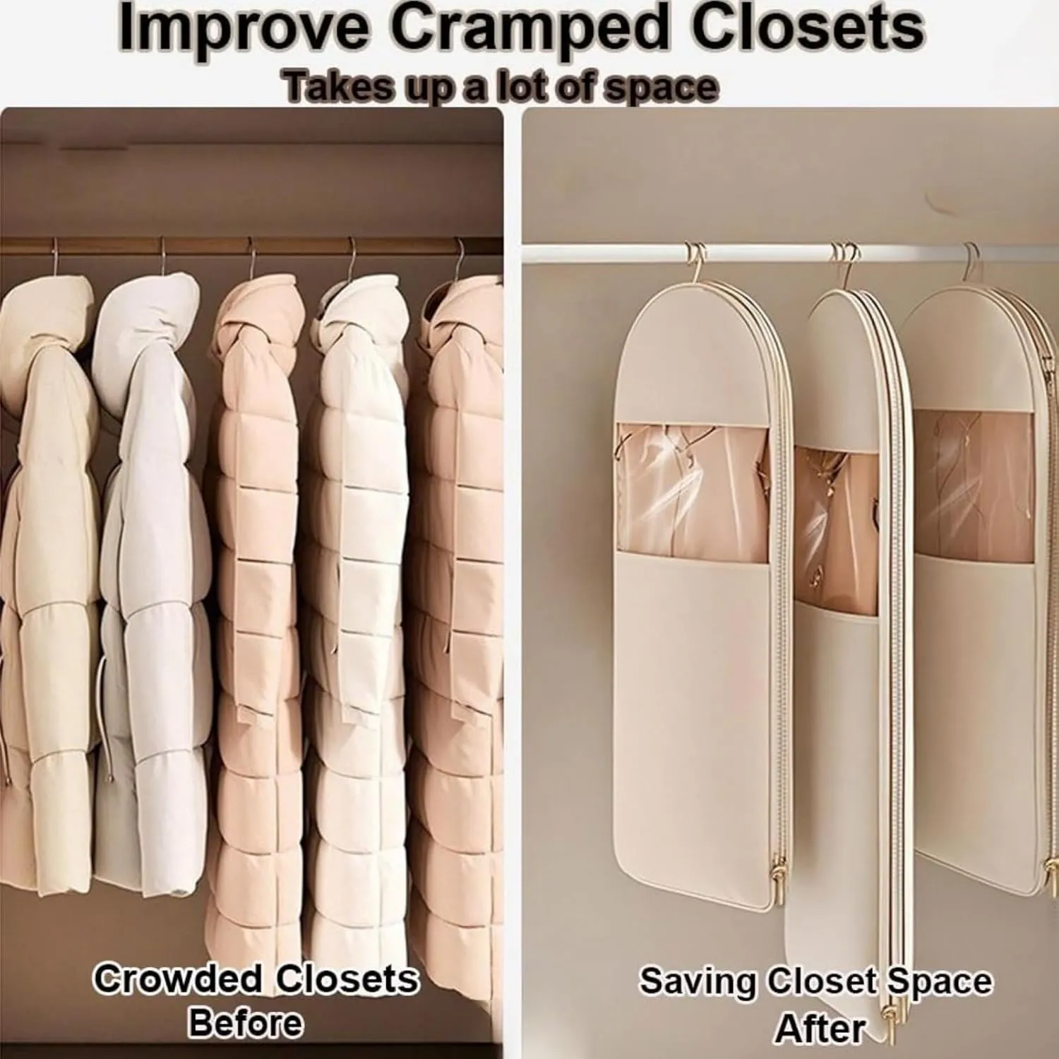 Space Saving Hanging Garment Bag with Self Compression Zipper, Clothes Organizer Coat Organizer, Garment-Convertible-Compartment-Waterproof-Business (3 Beige, X-Large)