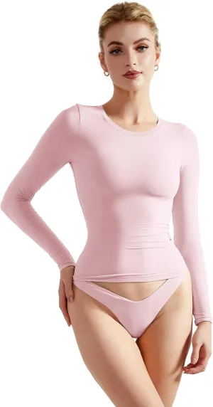 SUUKSESS Women Double Lined Fitted Basic T Shirts Crew Neck Long Sleeve Crop Top