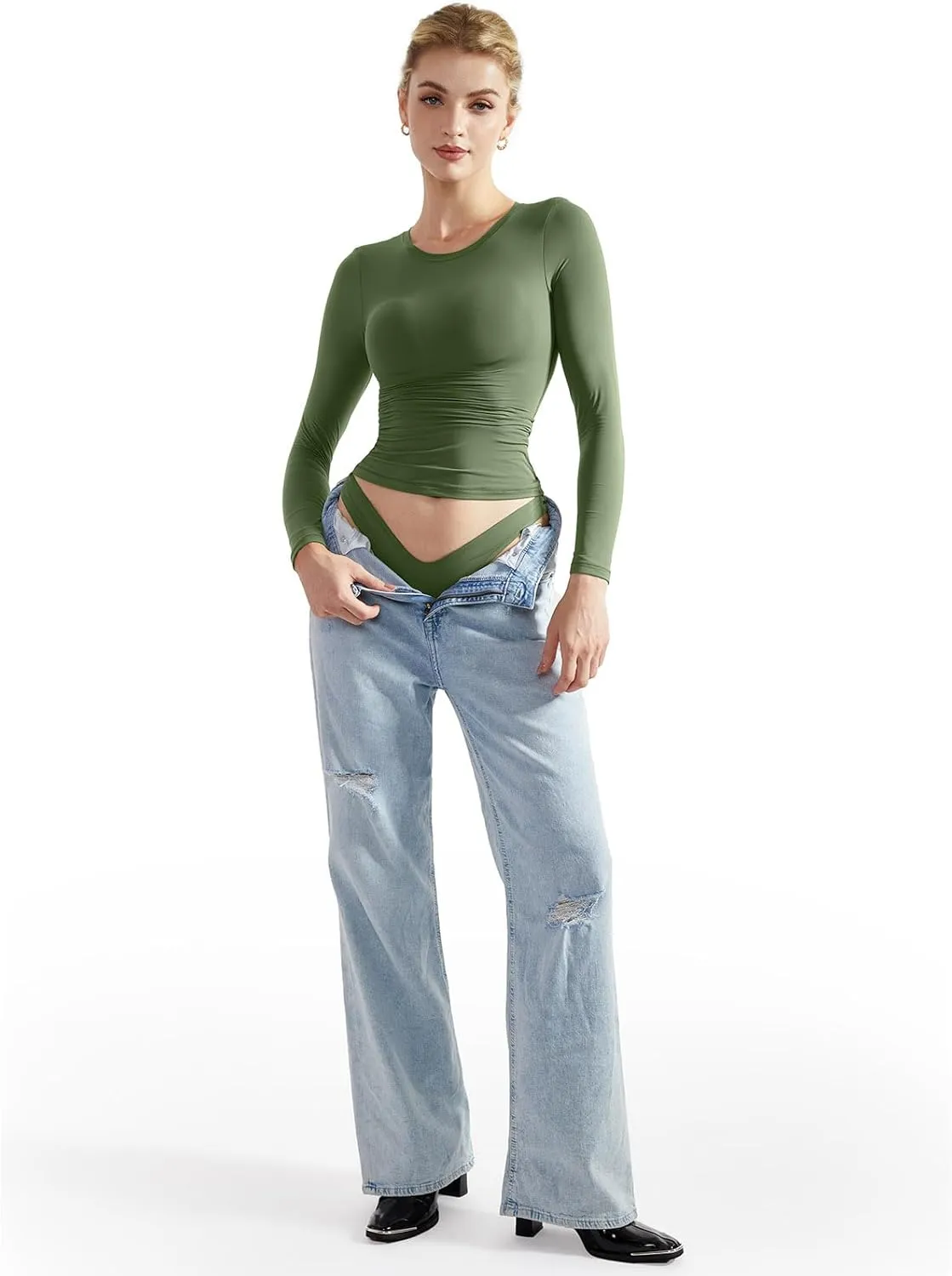 SUUKSESS Women Double Lined Fitted Basic T Shirts Crew Neck Long Sleeve Crop Top