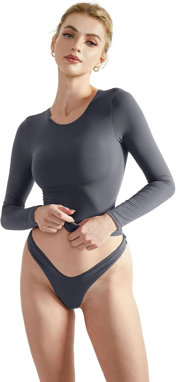 SUUKSESS Women Double Lined Fitted Basic T Shirts Crew Neck Long Sleeve Crop Top