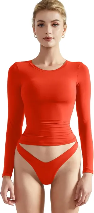 SUUKSESS Women Double Lined Fitted Basic T Shirts Crew Neck Long Sleeve Crop Top