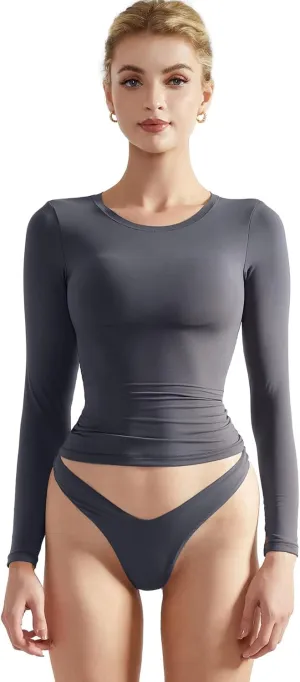 SUUKSESS Women Double Lined Fitted Basic T Shirts Crew Neck Long Sleeve Crop Top
