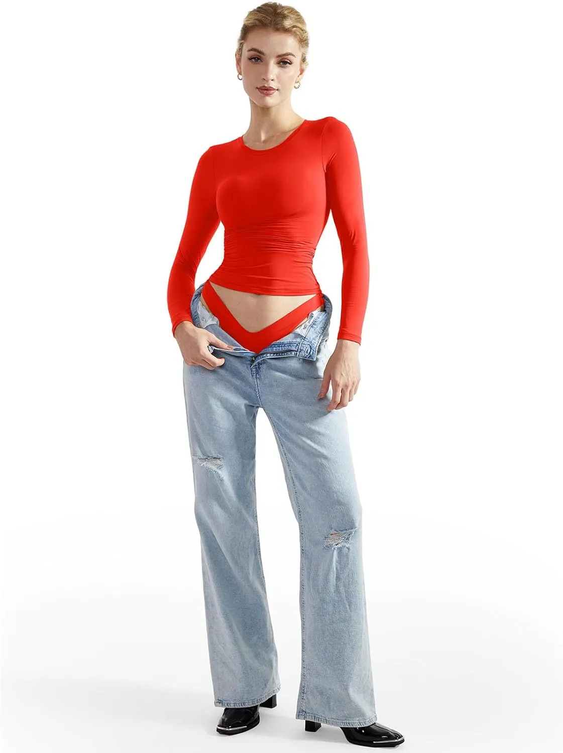 SUUKSESS Women Double Lined Fitted Basic T Shirts Crew Neck Long Sleeve Crop Top