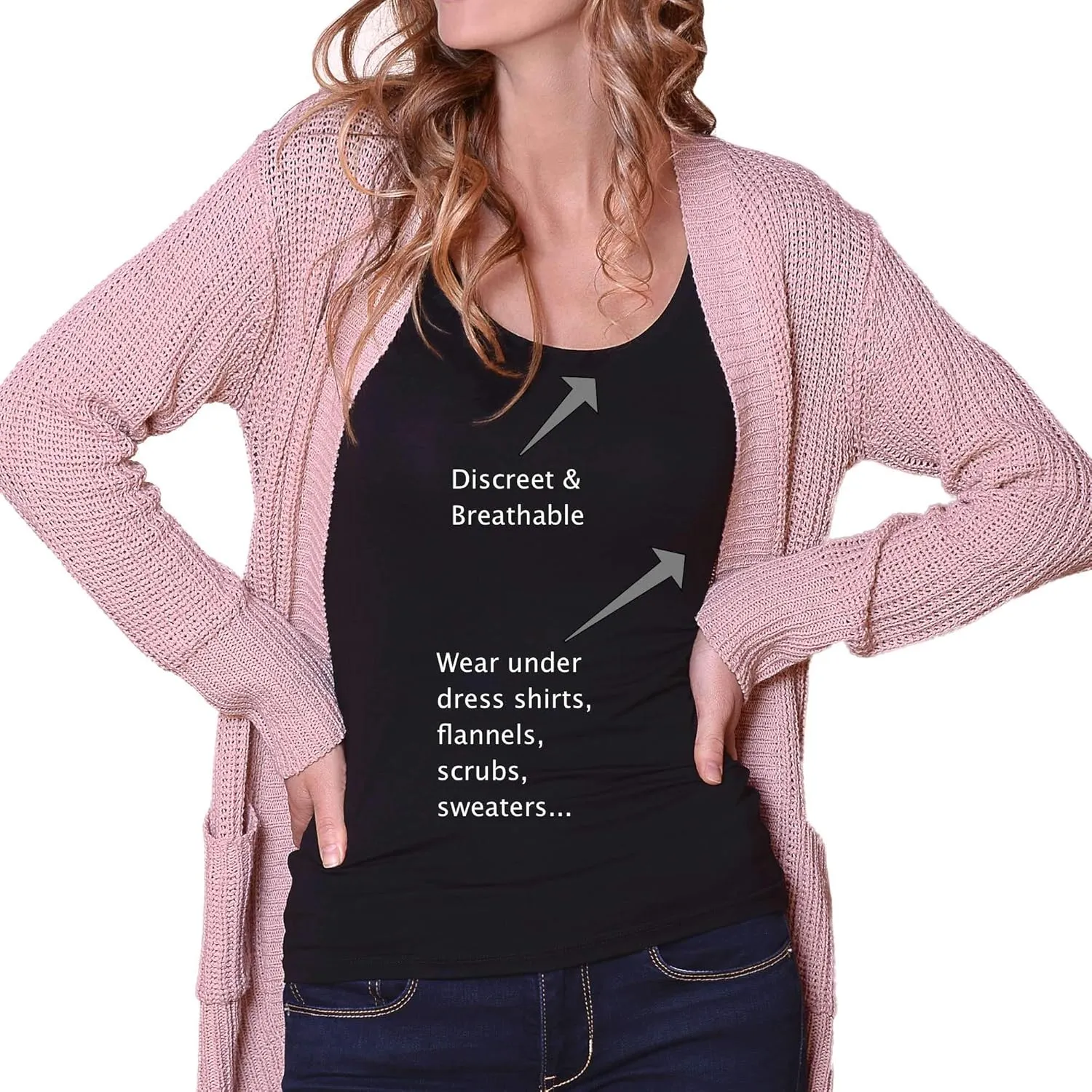 Sweatproof Undershirt for Women, Scoop Neck, Black, Armpit Sweat Pads, Stops Underarm Sweat, Sweat Proof Undergarment