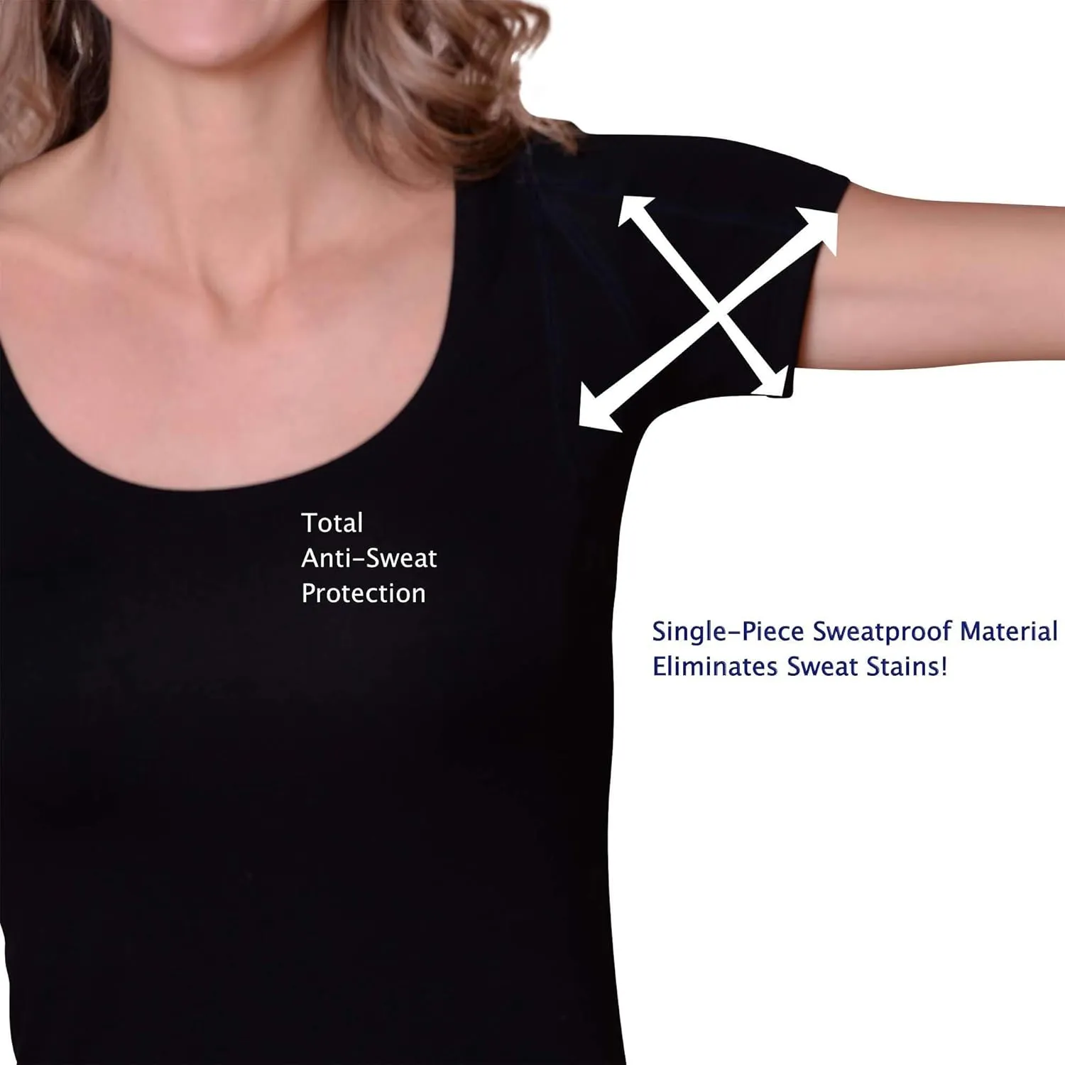 Sweatproof Undershirt for Women, Scoop Neck, Black, Armpit Sweat Pads, Stops Underarm Sweat, Sweat Proof Undergarment