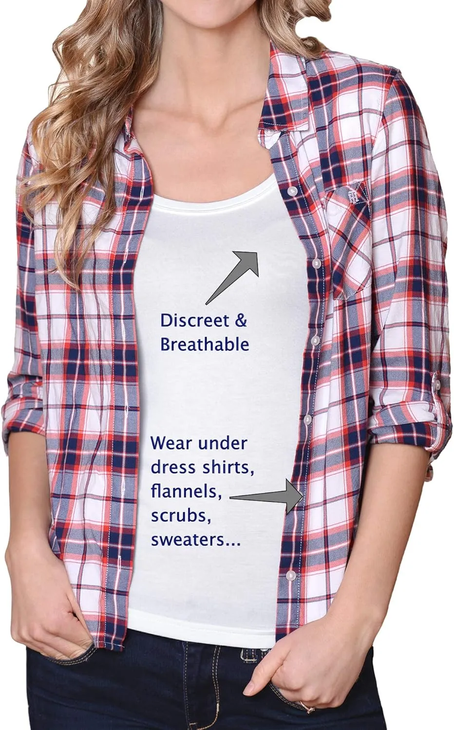 Sweatproof Undershirt for Women, Scoop Neck, White, Armpit Sweat Pads, Stops Underarm Sweat, Sweat Proof Undergarment