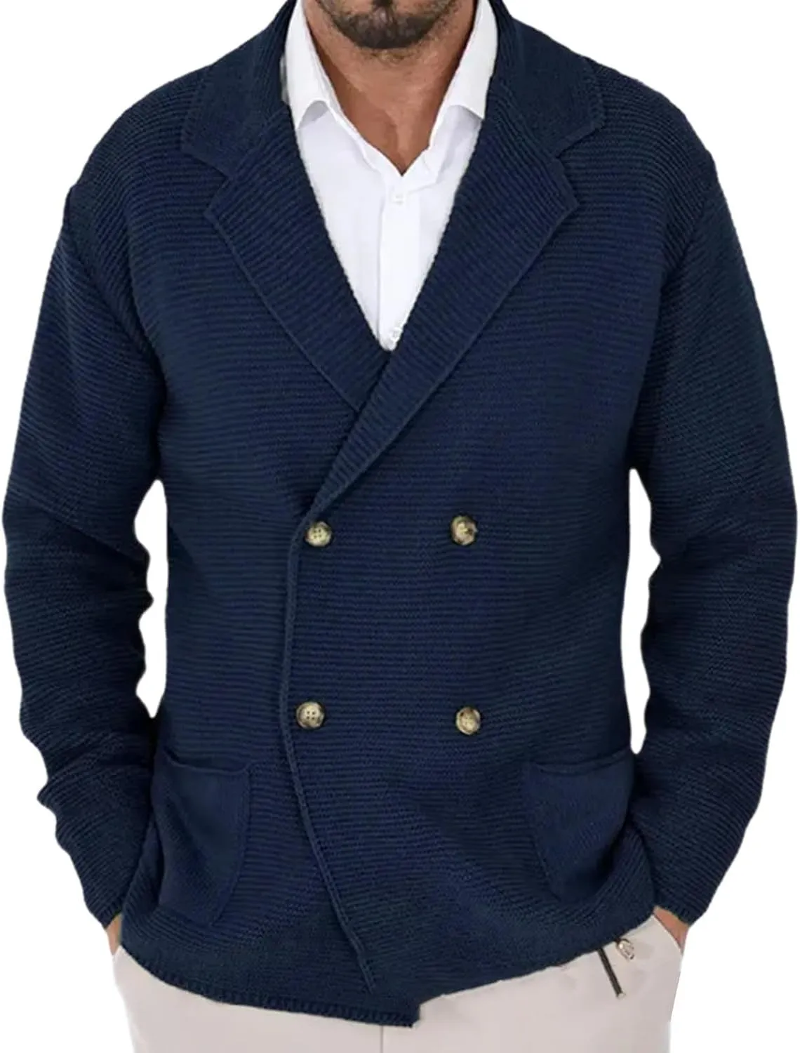 Thanksgiving Cardigan Sweaters for Men Lapel Long Sleeve Knitted Cardigans Double-Breasted Pockets Sweater Jacket