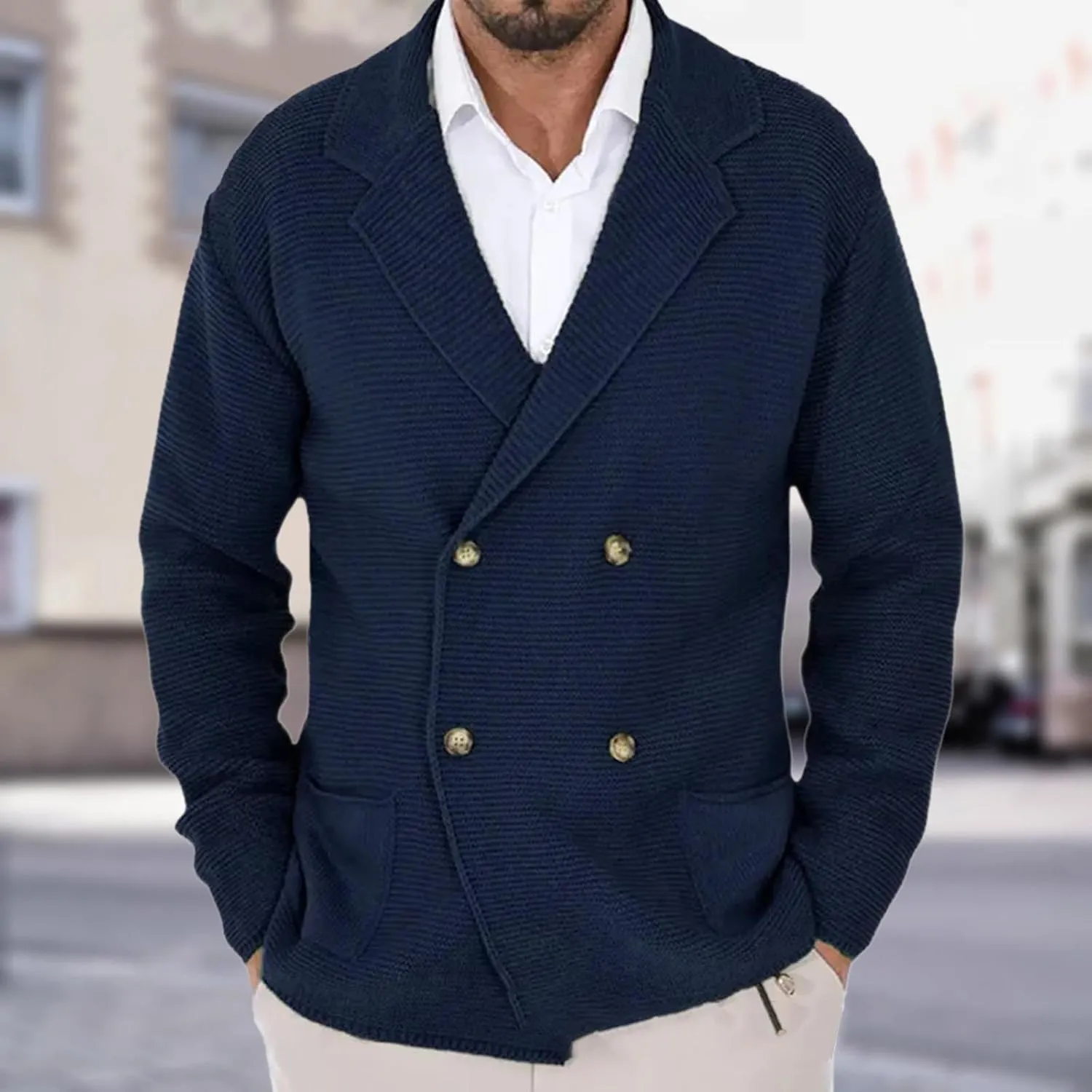 Thanksgiving Cardigan Sweaters for Men Lapel Long Sleeve Knitted Cardigans Double-Breasted Pockets Sweater Jacket