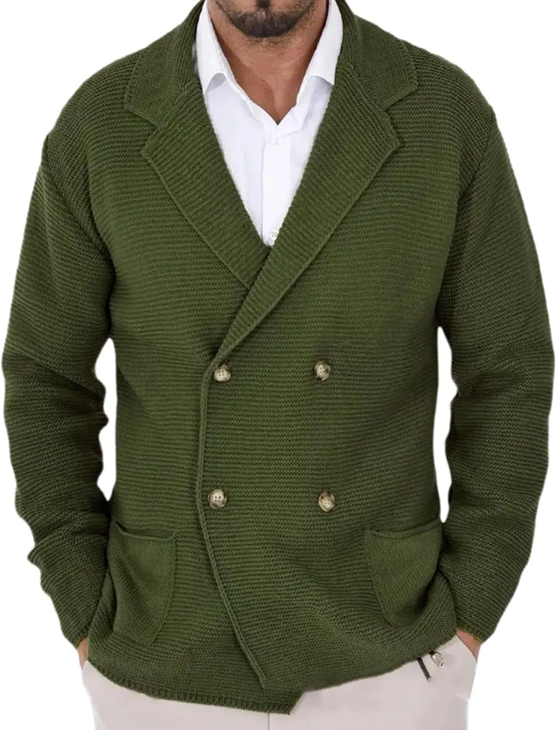 Thanksgiving Cardigan Sweaters for Men Lapel Long Sleeve Knitted Cardigans Double-Breasted Pockets Sweater Jacket