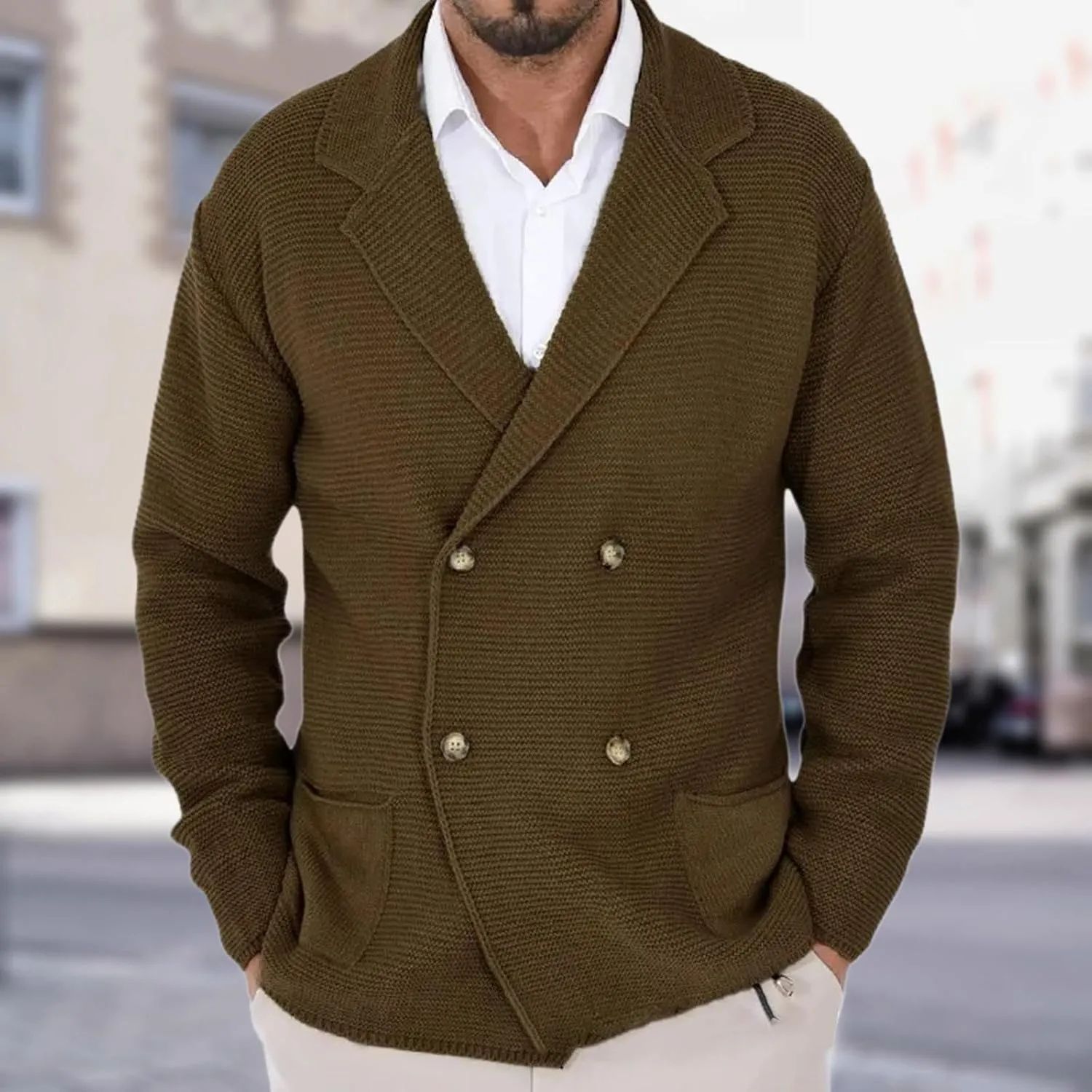 Thanksgiving Cardigan Sweaters for Men Lapel Long Sleeve Knitted Cardigans Double-Breasted Pockets Sweater Jacket