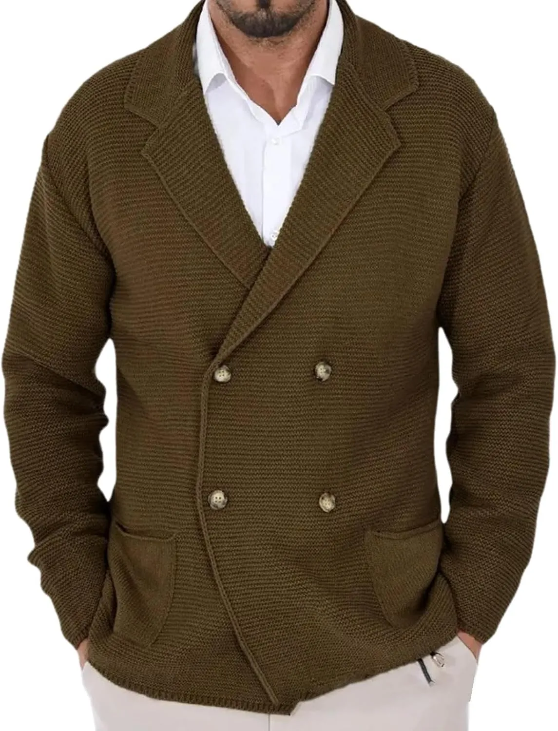 Thanksgiving Cardigan Sweaters for Men Lapel Long Sleeve Knitted Cardigans Double-Breasted Pockets Sweater Jacket
