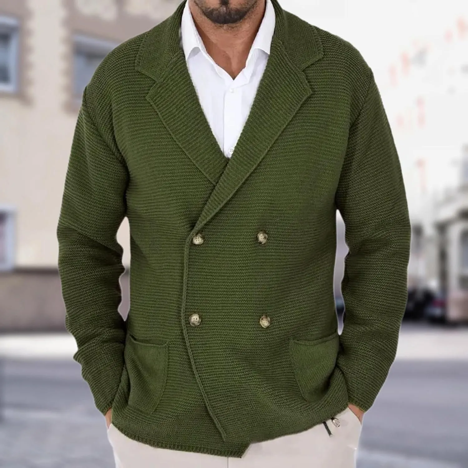 Thanksgiving Cardigan Sweaters for Men Lapel Long Sleeve Knitted Cardigans Double-Breasted Pockets Sweater Jacket