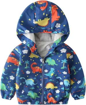Toddler Baby Boys Cartoon Dinosaur Print Hooded Jacket Long Sleeve Windproof Coats Zip Up Trench Windbreaker Outerwear