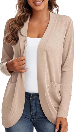 Urban CoCo Women's Long Sleeve Knit Sweater Cardigans Curved Hem Open Front with Pockets