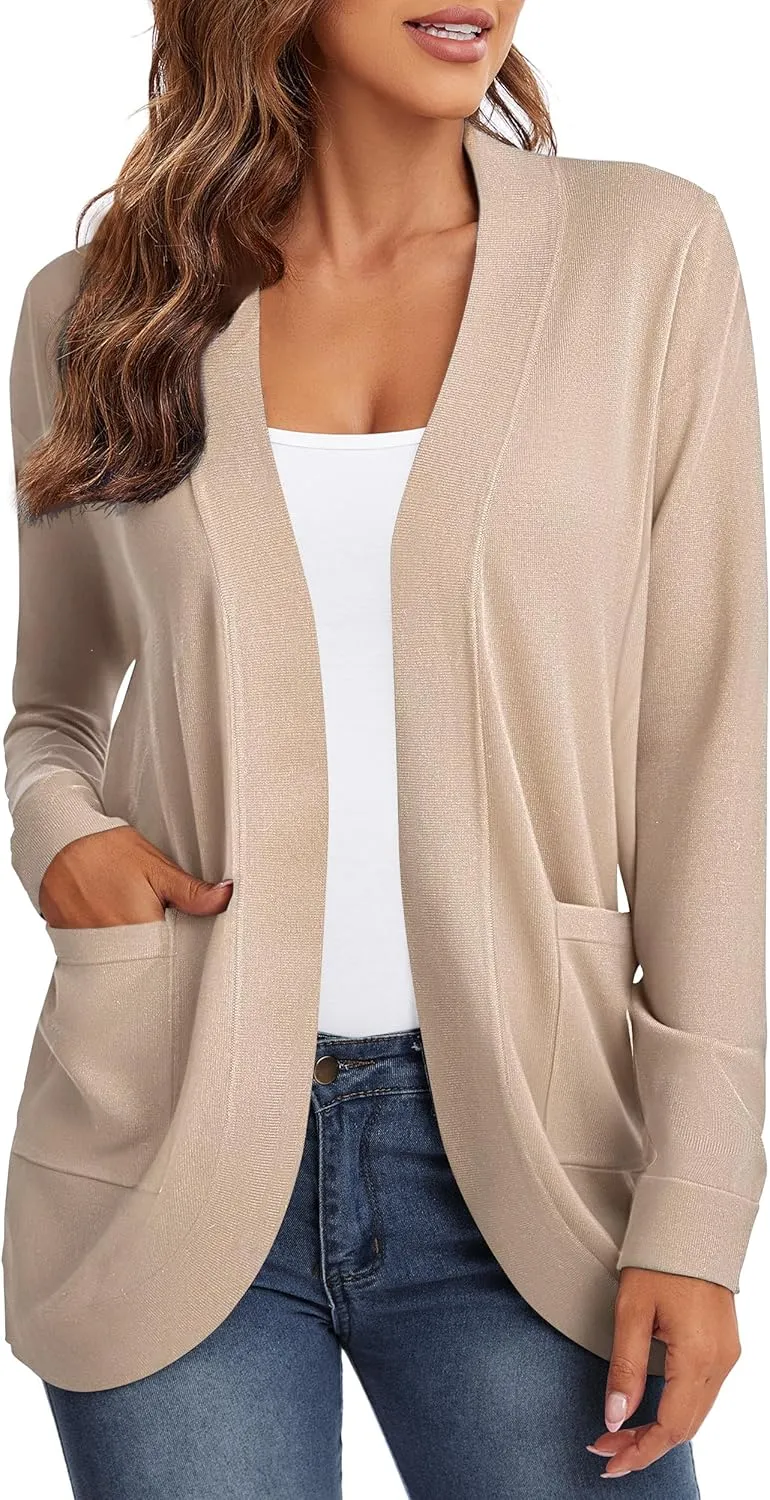 Urban CoCo Women's Long Sleeve Knit Sweater Cardigans Curved Hem Open Front with Pockets