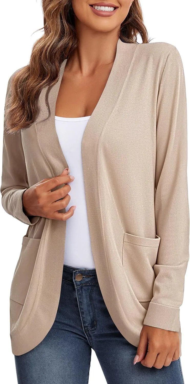 Urban CoCo Women's Long Sleeve Knit Sweater Cardigans Curved Hem Open Front with Pockets