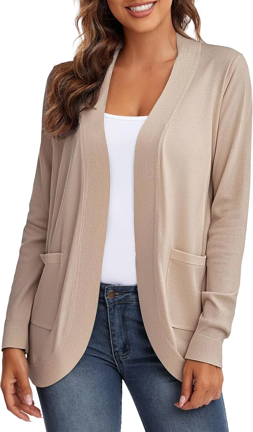 Urban CoCo Women's Long Sleeve Knit Sweater Cardigans Curved Hem Open Front with Pockets