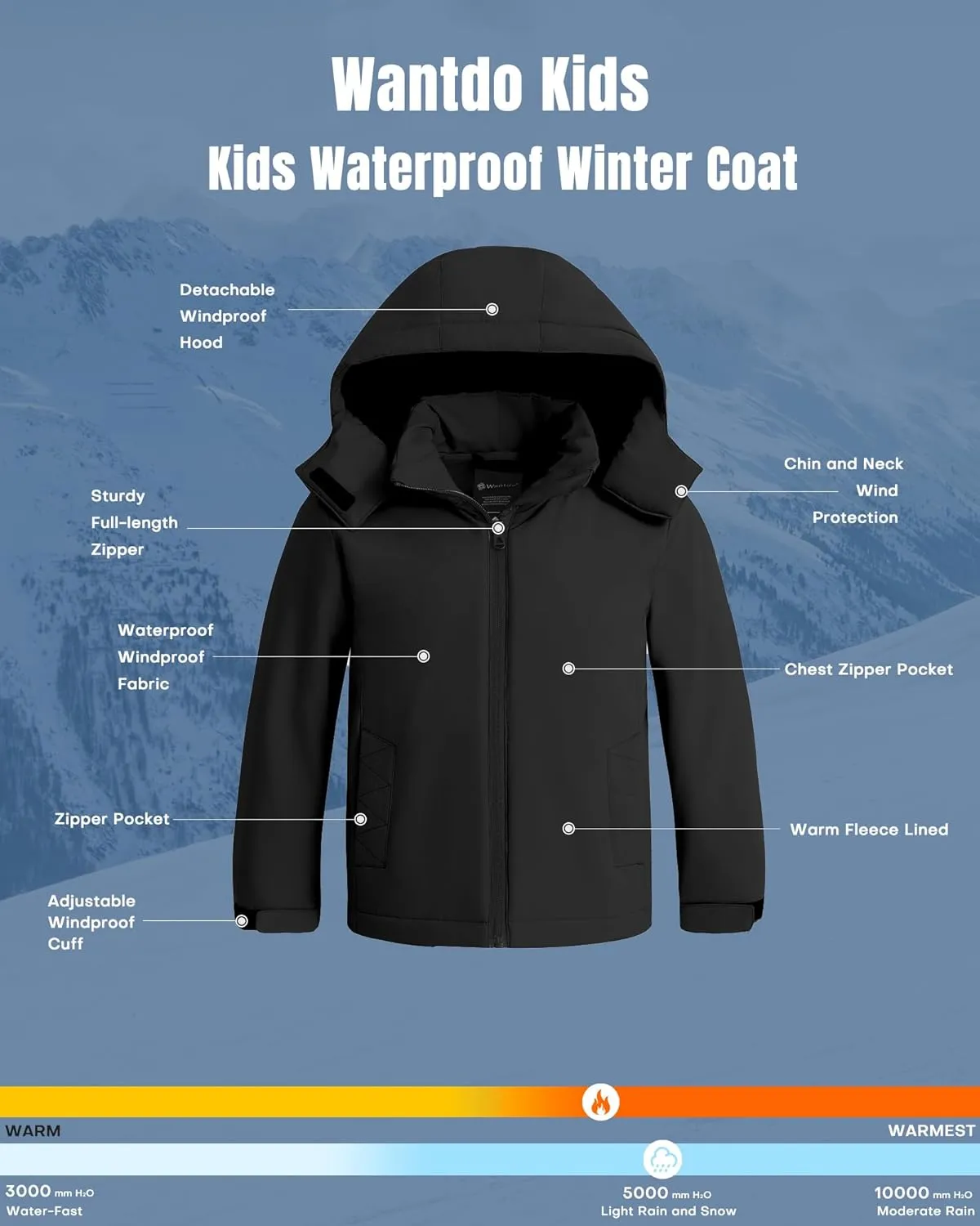 wantdo Girls Winter Coat Waterproof Windbreaker Snow Ski Jacket Warm Thick Rain Coats Kids Jacket with Removable Hood