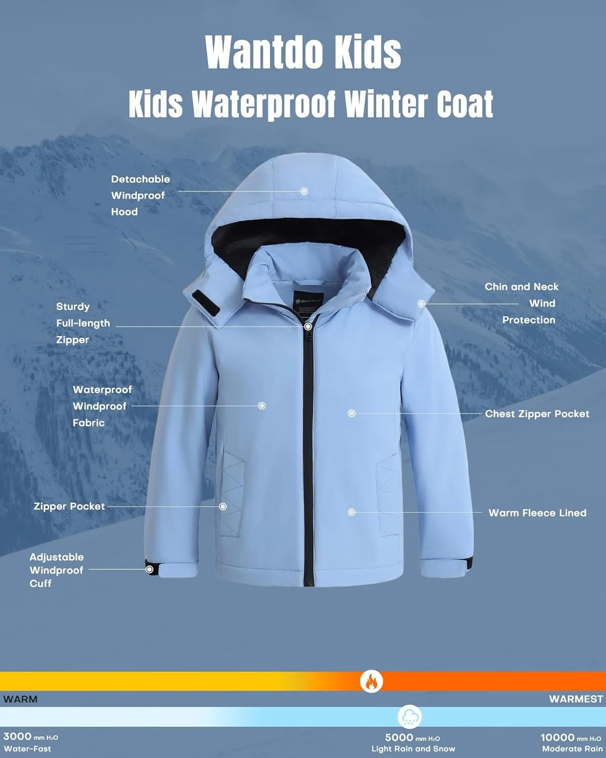 wantdo Girls Winter Coat Waterproof Windbreaker Snow Ski Jacket Warm Thick Rain Coats Kids Jacket with Removable Hood