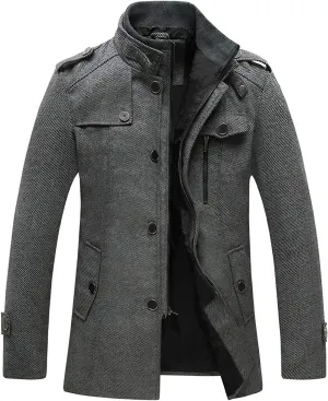 wantdo Men's Wool Blend Jacket Stand Collar Windproof Pea Coat