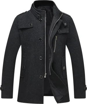 wantdo Men's Wool Blend Jacket Stand Collar Windproof Pea Coat