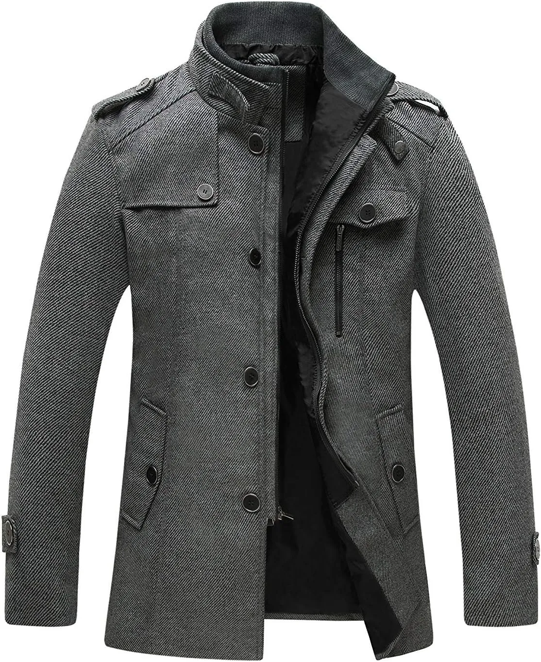wantdo Men's Wool Blend Jacket Stand Collar Windproof Pea Coat