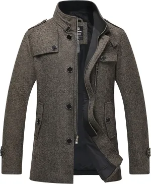 wantdo Men's Wool Blend Jacket Stand Collar Windproof Pea Coat