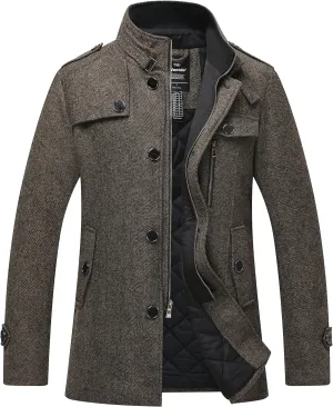 wantdo Men's Wool Blend Jacket Stand Collar Windproof Pea Coat
