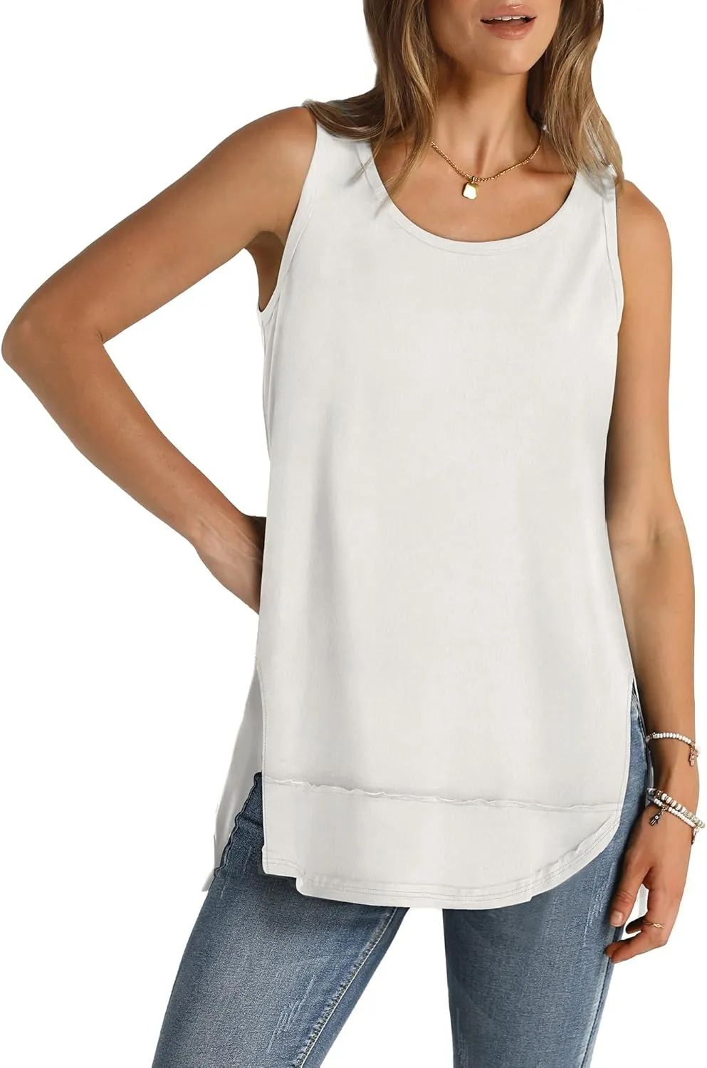 WIHOLL Loose Fit Tank Tops for Women Scoop Neck Summer Side Split Sleeveless Shirts 2025 Fashion