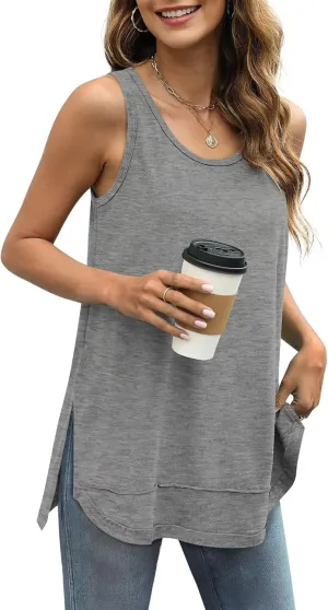 WIHOLL Loose Fit Tank Tops for Women Scoop Neck Summer Side Split Sleeveless Shirts 2025 Fashion