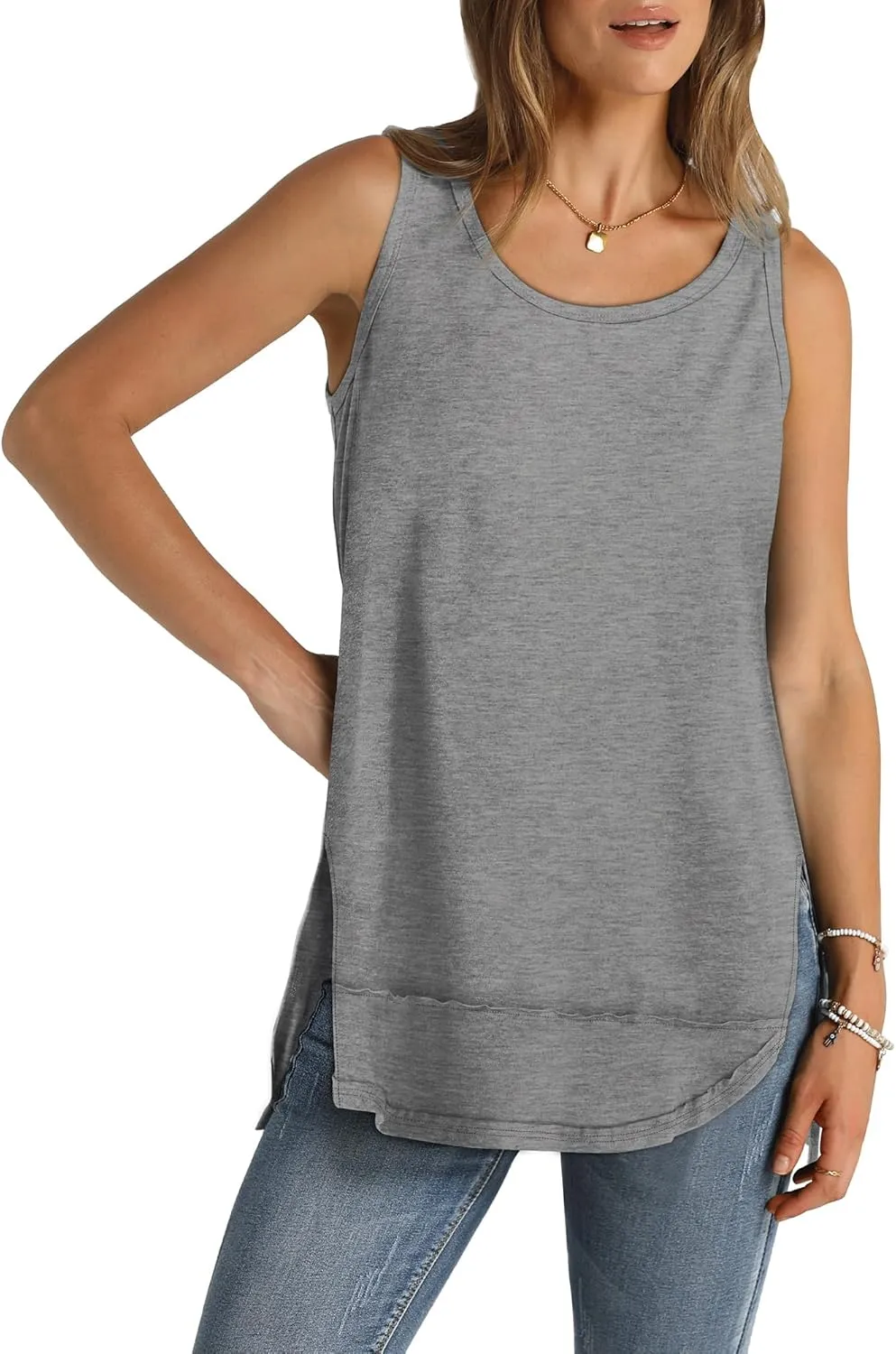 WIHOLL Loose Fit Tank Tops for Women Scoop Neck Summer Side Split Sleeveless Shirts 2025 Fashion