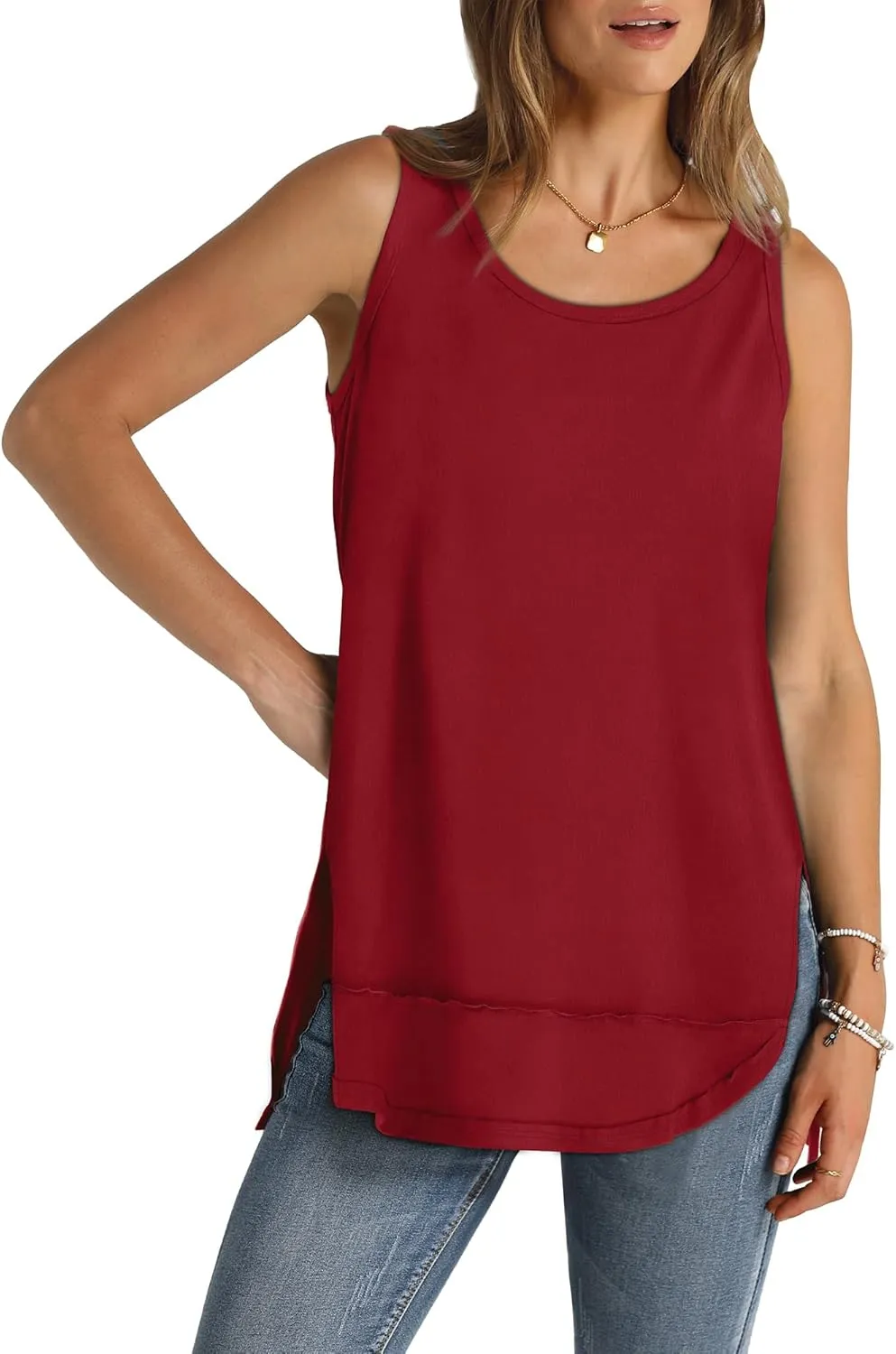 WIHOLL Loose Fit Tank Tops for Women Scoop Neck Summer Side Split Sleeveless Shirts 2025 Fashion