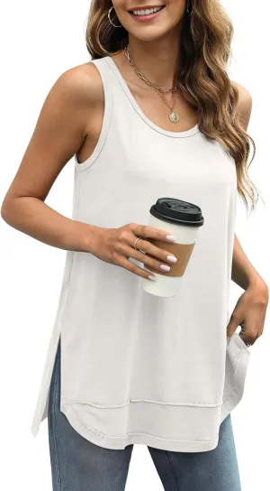 WIHOLL Loose Fit Tank Tops for Women Scoop Neck Summer Side Split Sleeveless Shirts 2025 Fashion