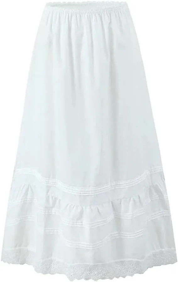 Women Lace Patchwork Folds Midi Skirt Vintage Elastic High Waist Holiday Skirts