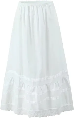 Women Lace Patchwork Folds Midi Skirt Vintage Elastic High Waist Holiday Skirts